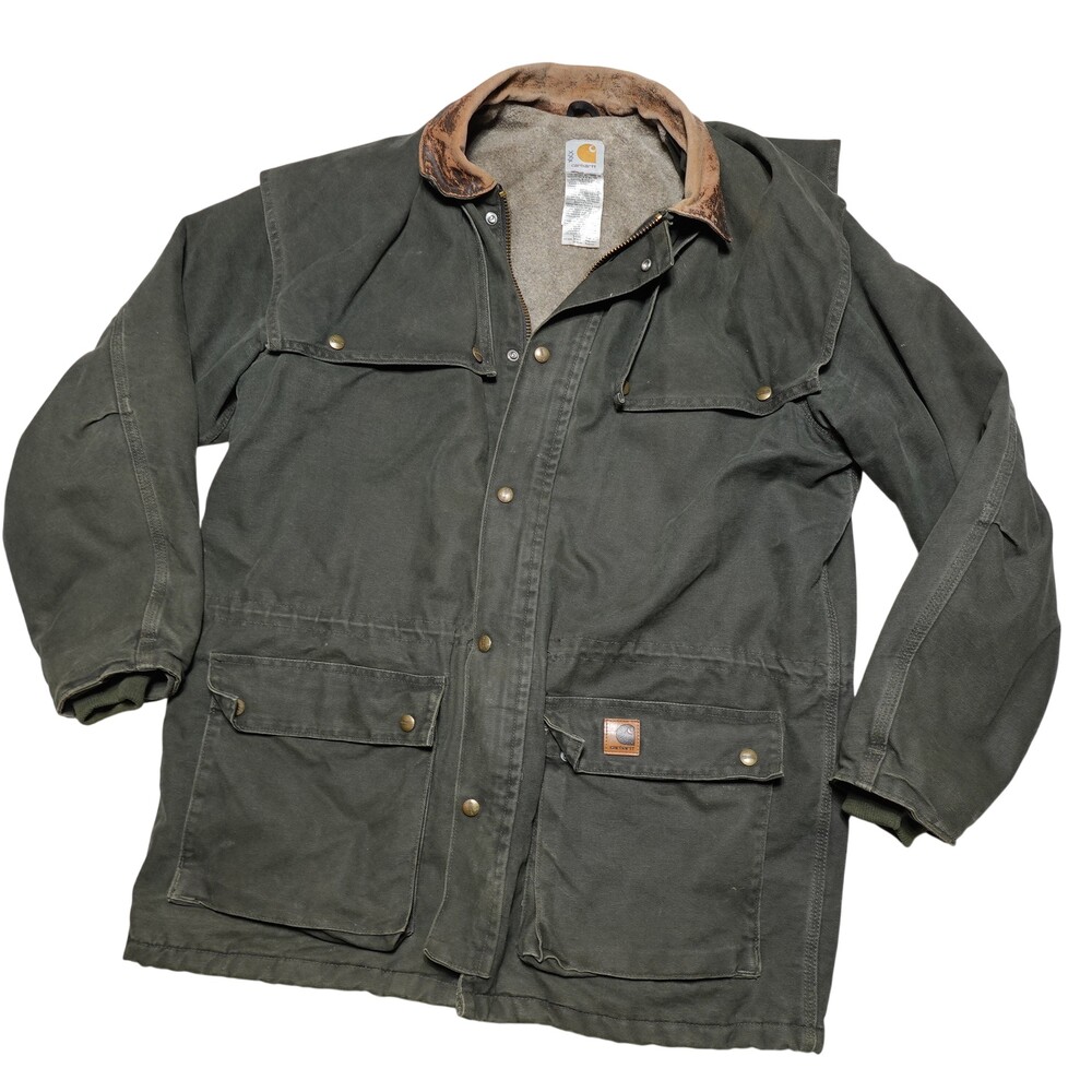 Carhartt Coat Mens XL Green Canvas Lined Parka Full Zip Workwear Outdoor